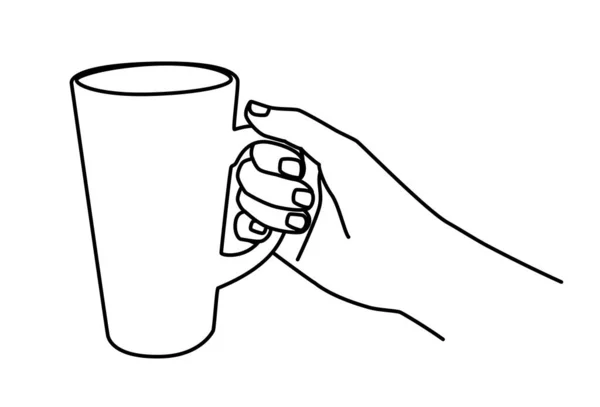 手は細い線で描かれたお茶やコーヒーマグカップの手を保持します 白を基調としたベクトルイラスト — ストックベクタ