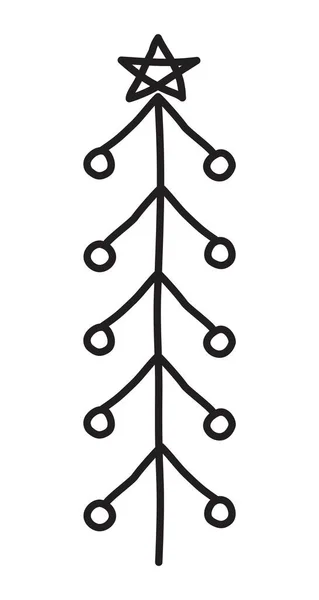 Scribble Christmas Pine Tree Con Decoración Una Mano Estrella Dibujada — Vector de stock