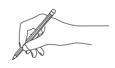 Elin kalem tutarken, yazarken, belge imzalarken ya da çizerken. İnce çizgilerle çizilmiş. Vektör illüstrasyonu beyaz arkaplanda izole edildi