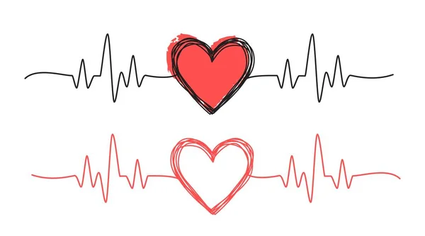 Bannière Heartbeat Gribouillage Serti Main Dessiné Avec Une Ligne Mince — Image vectorielle