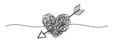 Dağınık kalpli ve oklu pankartlar ince çizgili, ayrık şekilli el yazmaları. Beyaz arka planda izole edilmiş. Vektör illüstrasyonu