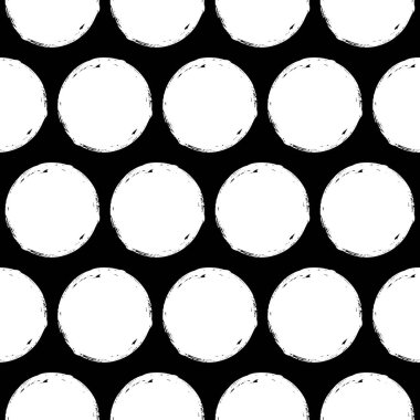 Kusursuz desenli grunge daireleri. Geometrik grafik tasarım elemanı. Siyah beyaz el fırça darbesi dokusu. El çizimi yuvarlak şekiller arka plan. Vektör illüstrasyonu