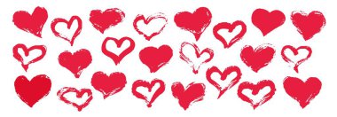 Sevgililer Günü için hazırlanmış el boyalı kalpler, fırça ve mürekkeple çizilmiş el yazısı, beyaz arka planda izole edilmiş. Vektör illüstrasyonu.