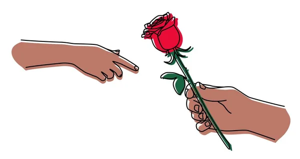 Ręka Trzyma Różę Daje Jej Mężczyzna Daje Kwiaty Kobiecie Ręcznie — Wektor stockowy