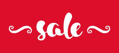 Modern indirimli pankart. İndirim etiketi kırmızı ve beyaz. El yazısıyla yazılmış harfler. Satılık sözcüğü. Kaligrafi tasarım elemanı. Satış geçmişi. Vektör illüstrasyonu.