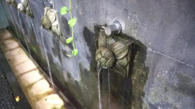Artistic Shower water fountain from stone wall. Ornamental faucet stuck to a stone wall usually to washing hand , foot and face
