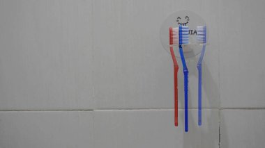a red and blue toothbrush hanging on the bathroom wall             