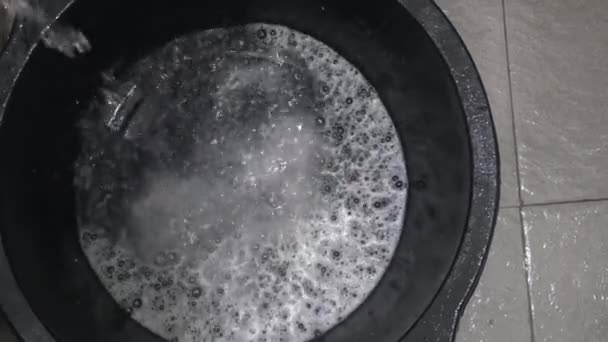 Water Flowing Faucet Laundry Detergent Makes Foam Bucket Preparation Washing — Stock video
