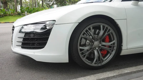Surabaya, East Java, Indonesia - February, 2023 : elegant and luxurious sports car Audi R8 white color                           
