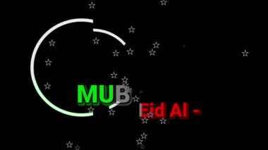 Colorful gradient Animated letter word Eid al Fitr Mubarak with Islamic symbol Crescent moon and stars in black screen background