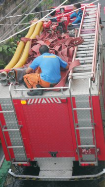 a back view of firefighter truck taken from top angle