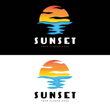Sunset Logosu, Plaj Tasarımı, Nehir ve Güneş İllüstrasyonu, Alacakaranlık 'ın tadını çıkaran Vektör