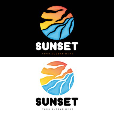 Sunset Logosu, Plaj Tasarımı, Nehir ve Güneş İllüstrasyonu, Alacakaranlık 'ın tadını çıkaran Vektör
