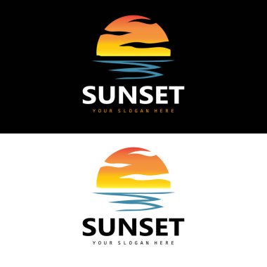 Sunset Logosu, Plaj Tasarımı, Nehir ve Güneş İllüstrasyonu, Alacakaranlık 'ın tadını çıkaran Vektör