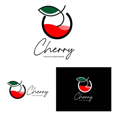Kiraz Meyvesi logosu, Kırmızı Renkli bitki vektör çizimi, Meyve Dükkanı Tasarımı, Şirket, Etiket, Ürün Markası