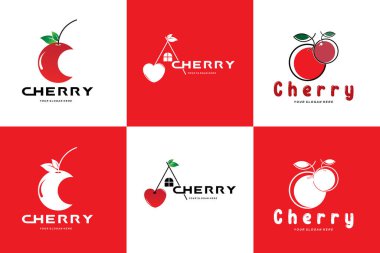 Kiraz Meyvesi logosu, Kırmızı Renkli bitki vektör çizimi, Meyve Dükkanı Tasarımı, Şirket, Etiket, Ürün Markası