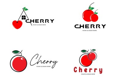 Kiraz Meyvesi logosu, Kırmızı Renkli bitki vektör çizimi, Meyve Dükkanı Tasarımı, Şirket, Etiket, Ürün Markası