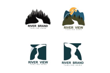 River Logo Tasarımı, River Creek Vector, Riverside İllüstrasyonu Dağlar ve Doğa, Ürün Markası