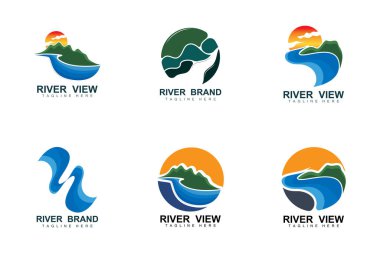 River Logo Tasarımı, River Creek Vector, Riverside İllüstrasyonu Dağlar ve Doğa, Ürün Markası