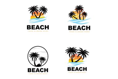 Plaj atmosferli Hindistan cevizi ağacı logosu, Sahil Bitkisi Vektörü, Günbatımı Görünümü Tasarımı