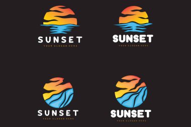 Sunset Logosu, Plaj Tasarımı, Nehir ve Güneş İllüstrasyonu, Alacakaranlık 'ın tadını çıkaran Vektör