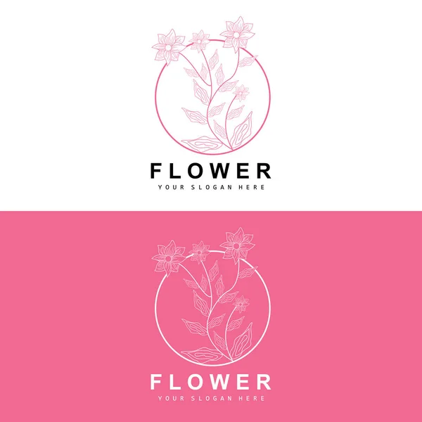 シンプルな植物の葉と花のロゴ ベクトルナチュラルラインスタイル 装飾デザイン バナー フライヤー 結婚式の招待状 および製品ブランディング — ストックベクタ