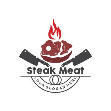 Biftek Logosu, Vintage Retro Rustic BBBQ Mangal Tema Tasarım Stili, Barbekü Taze Et Vektörü, Simge İllüstrasyonu