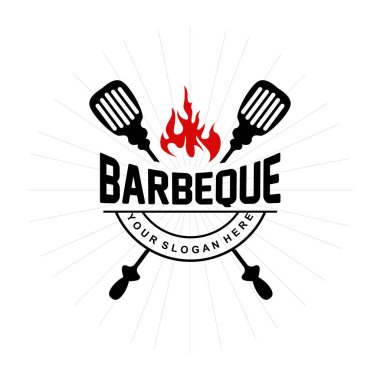 Barbekü Logosu, Ateşli Izgara Tasarımı, Vector BBQ Izgara Klasik Tripografisi, Kafe, Restoran, Bar Logosu