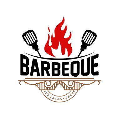 Barbekü Logosu, Ateşli Izgara Tasarımı, Vector BBQ Izgara Klasik Tripografisi, Kafe, Restoran, Bar Logosu