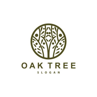 Meşe Ağacı Logosu, Doğa Ağacı Vektörü, Minimalist Basit Tasarım, Çizim, Siluet, Şablon