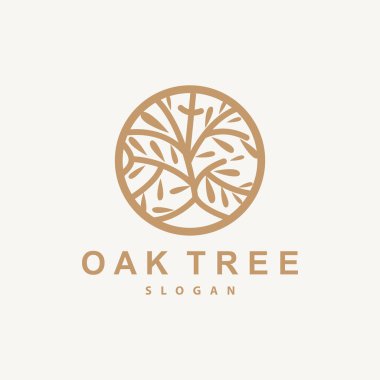 Meşe Ağacı Logosu, Doğa Ağacı Vektörü, Minimalist Basit Tasarım, Çizim, Siluet, Şablon