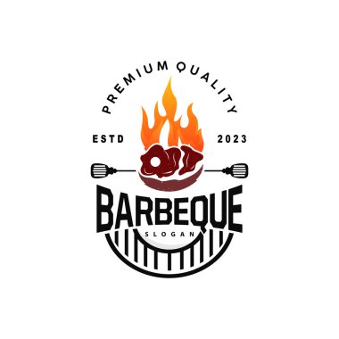 Barbekü Logosu, Ateşli Izgara Tasarımı, Vector BBQ Izgara Klasik Tripografisi, Kafe, Restoran, Bar Logosu