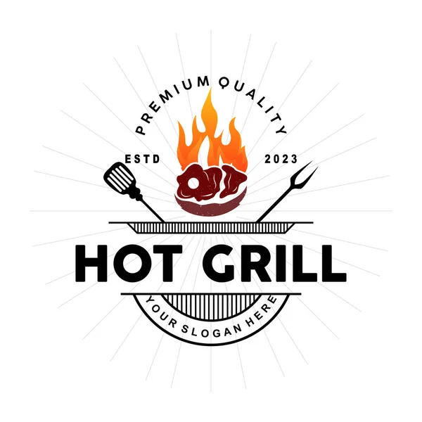 Barbeque Logo Hot Grill Design Fire Spatula Vector Grill Vintage — Stock Vector
