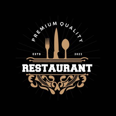 Retro Vintage Tarz Süsleme Tasarımı, Logo Retro Restoran Tipografi Amblemi, Vektör Hattı Basit Zarif Çatal Kaşığı ve Bıçak