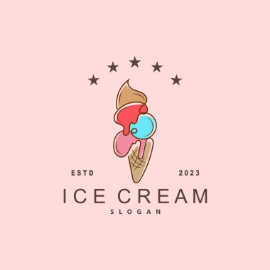 Dondurma Logosu, Vektör Taze Tatlı Yumuşak Soğuk Yemek, Basit Minimalist İlham Tasarımı