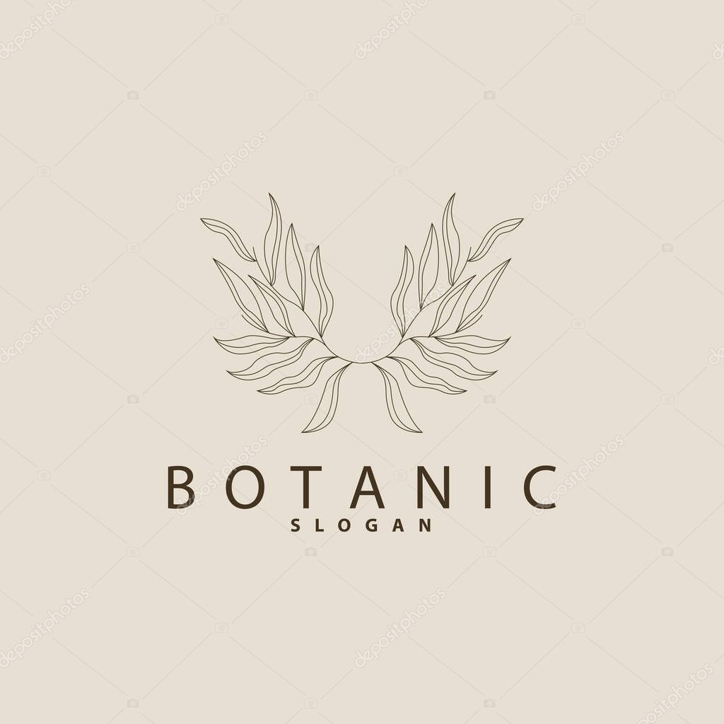 Leaf Line Logo, Beautiful Hand Drawn Design, Botanical Minimalist Vector, Simple Organic Plant Feminine Logo