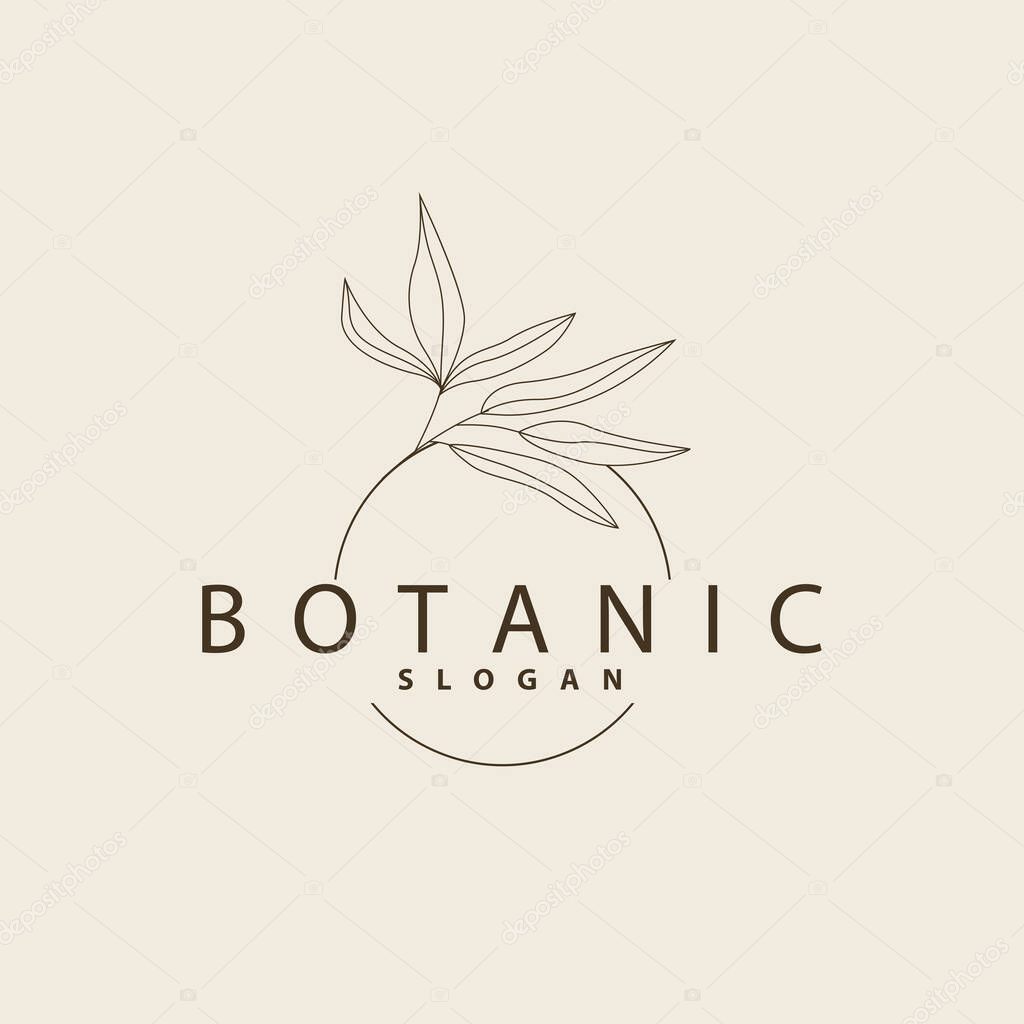 Leaf Line Logo, Beautiful Hand Drawn Design, Botanical Minimalist Vector, Simple Organic Plant Feminine Logo