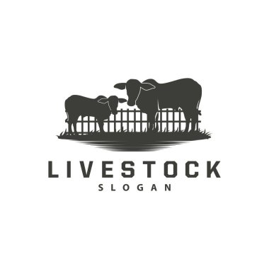 Sığır Çiftliği Hayvanları Logosu, Çiftlik Bahçesi Tarım Arazisi Retro Vintage Amblem Tasarımı