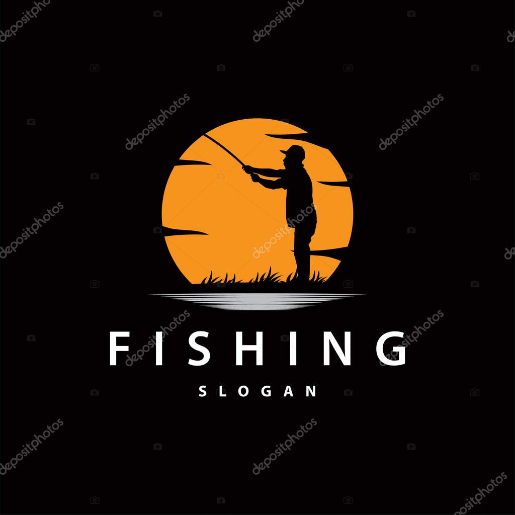 Angler Fishing Logo, Simple Outdoor Fishing Man Silhouette Template Design