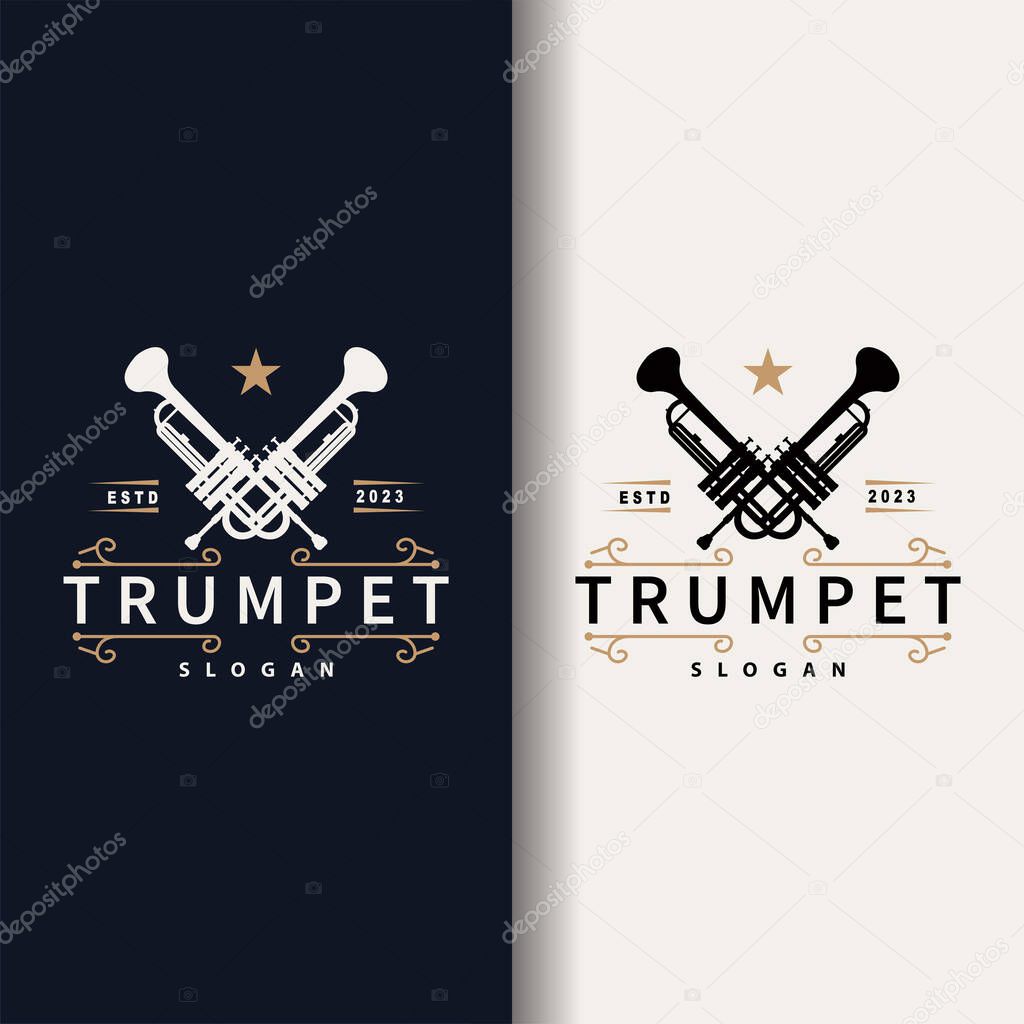 Simple brand silhouette design brass musical instrument trumpet, classic jazz trumpet logo