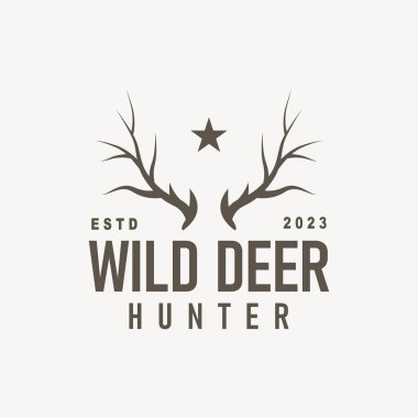 Geyik logosu, klasik geyik avcısı geyik boynuzu tasarımı. Marka çizimi.