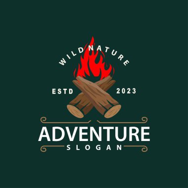 Ahşap ve ateş tasarla, kamp ateşi logosu kamp ateşi vektörü macera eskitilmiş illüstrasyon