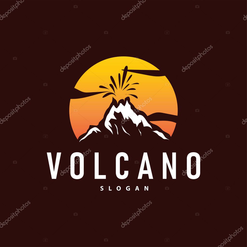 Volcano logo illustration silhouette design volcano mountain erupting with simple rocks and lava