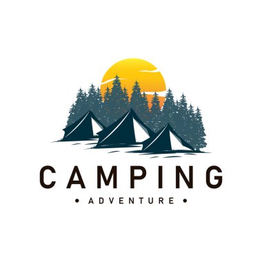 Kamp logosu vahşi orman tasarımı açık hava macera çizimi ağaçlar ve basit çadır.