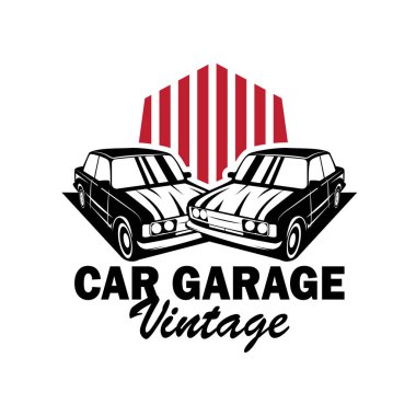 Klasik araba logosu tasarım rozet damgası vektör araç kaslı araba eski model antika şablon çizimi