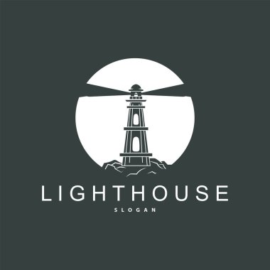 Deniz feneri logosu, Beacon Vektörü Modern Basit Sahil Projektörü Kulesi, Sembol İllüstrasyon Şablonu