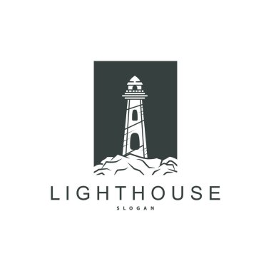 Deniz feneri logosu, Beacon Vektörü Modern Basit Sahil Projektörü Kulesi, Sembol İllüstrasyon Şablonu