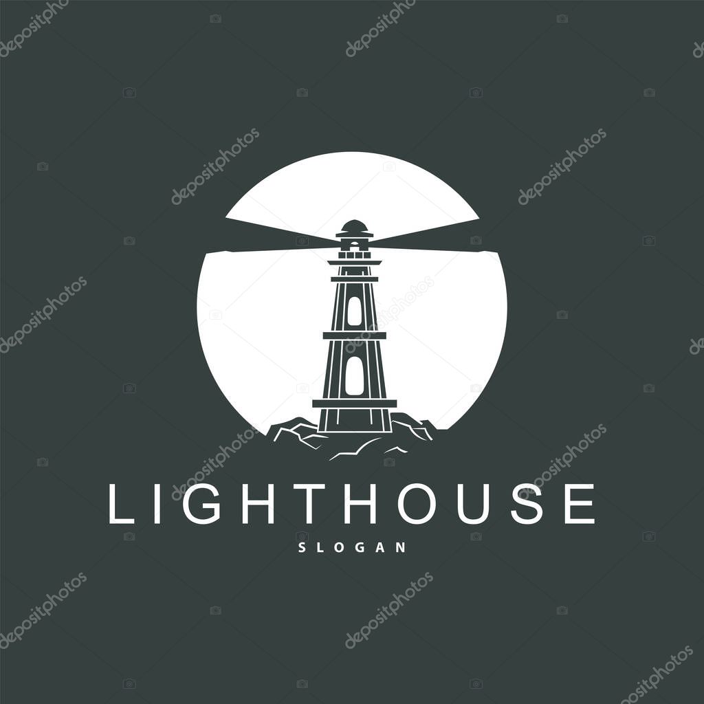 Lighthouse Logo, Beacon Vector Modern Simple Beach Searchlight Tower, Symbol Illustration Template