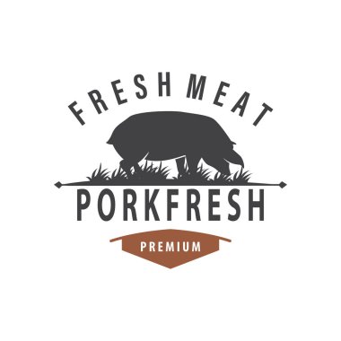 Domuz logosu ızgara domuz eti basit rustik pul vektör amblemi çiftlik hayvanları barbekü klasik tasarım ilham kaynağı
