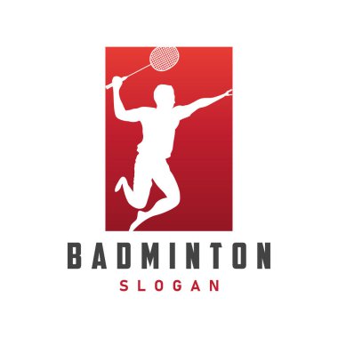 Badminton logo vektörü siyah siluet badminton spor oyuncusu vintage minimalist raket ve servis horozu tasarım örnekleme şablonu